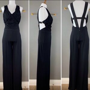 Bebe black wide leg pant front ruche sexy back jumpsuit size XS #277